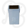 Beige plastic rectangular trash can with a dark swing-top lid for easy waste disposal.