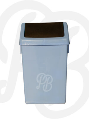 Beige plastic rectangular trash can with a dark swing-top lid for easy waste disposal.