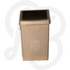 Beige plastic rectangular trash can with a dark swing-top lid for easy waste disposal.