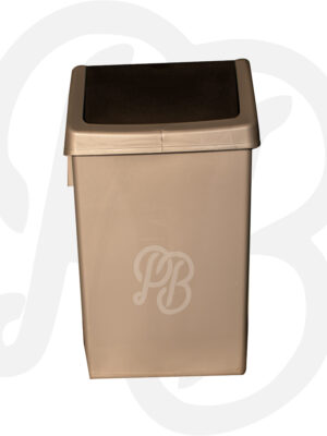 Beige plastic rectangular trash can with a dark swing-top lid for easy waste disposal.