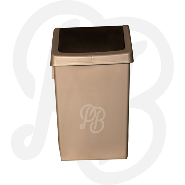 Beige plastic rectangular trash can with a dark swing-top lid for easy waste disposal.