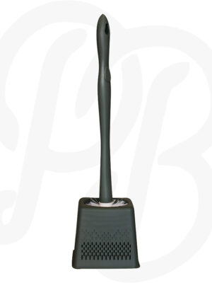 Dark grey plastic toilet brush and square holder set with a ventilated, quick-drying base