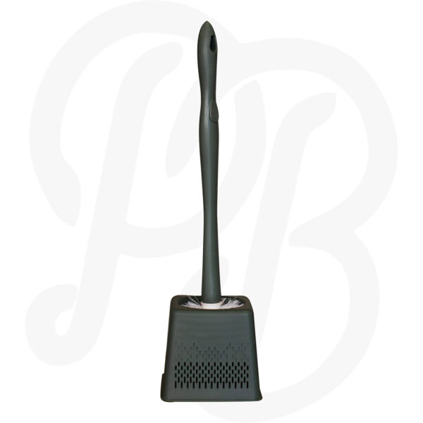 Dark grey plastic toilet brush and square holder set with a ventilated, quick-drying base